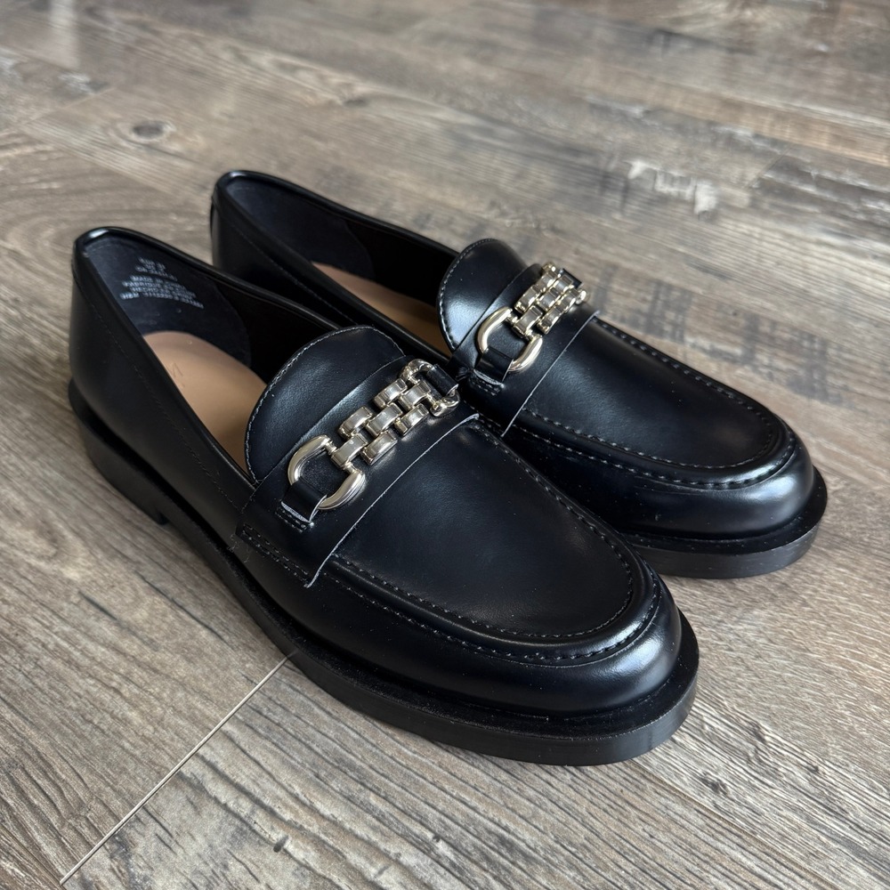 H&M Womens 8 Black Loafers Silver Chain Slip On Black Old Money Academia Classic